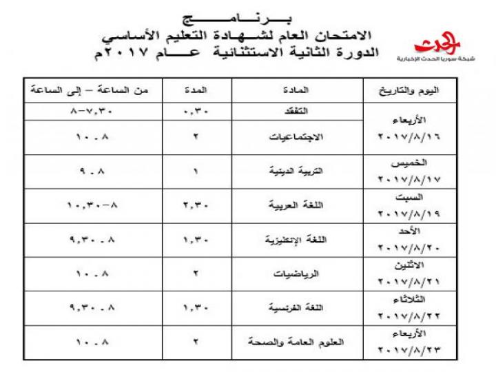 سورية الحدث تنشر تعليمات وبرنامج الدورة الامتحانية الاستثنائية لطلاب شهادة التعليم الأساسي 