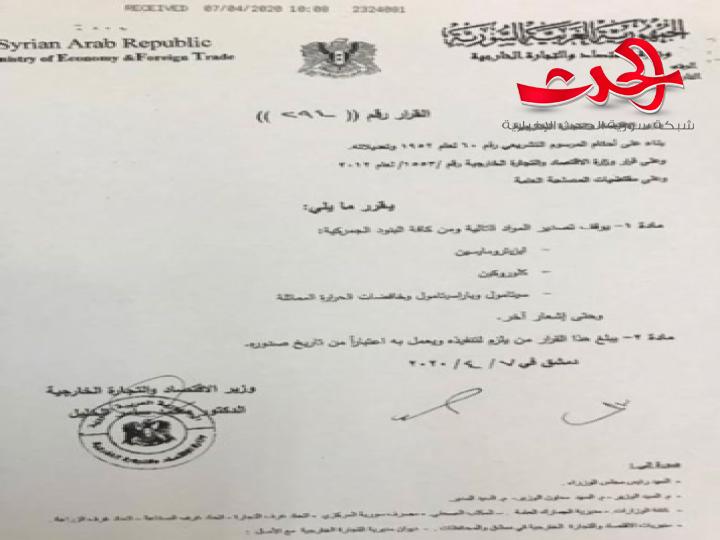 الاقتصاد توقف تصدير هذه المواد الدوائية ضمن الاجراءات الاحترازية