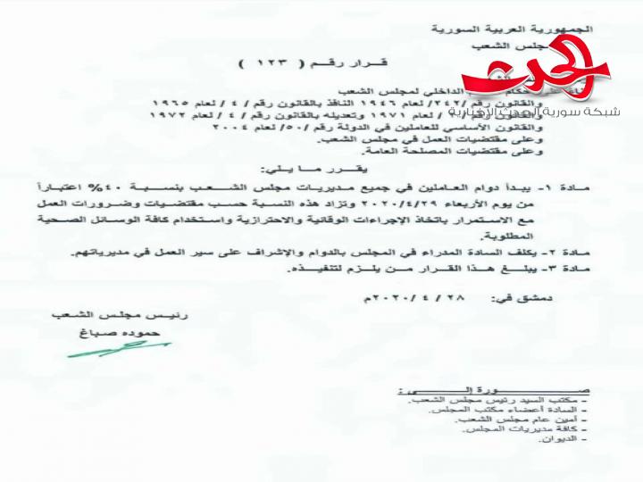 مجلس الشعب بدء العمل بمديرياته بنسبة 40%