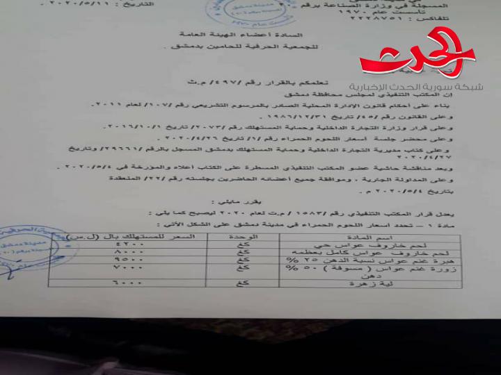 تسعيرة جديدة للحوم الحمراء في دمشق