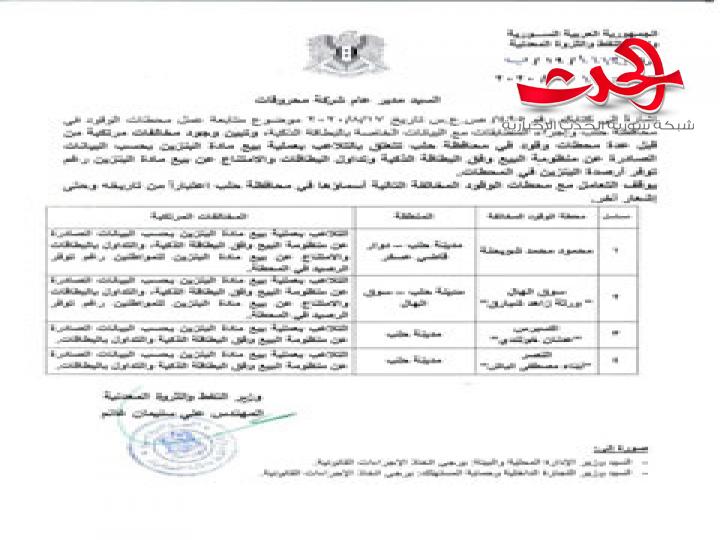 وزارة النفط توقف التعامل مع ست محطات وقود في حلب