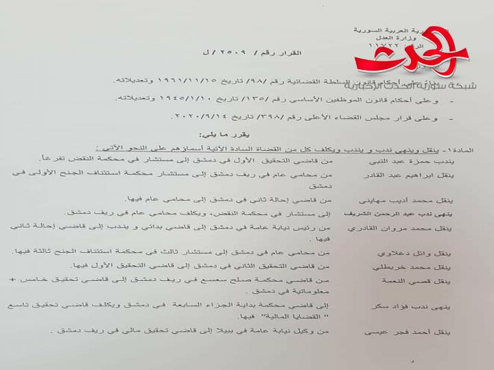 وزير العدل يجري تغييرات قضائية شملت المحامي العام بريف دمشق