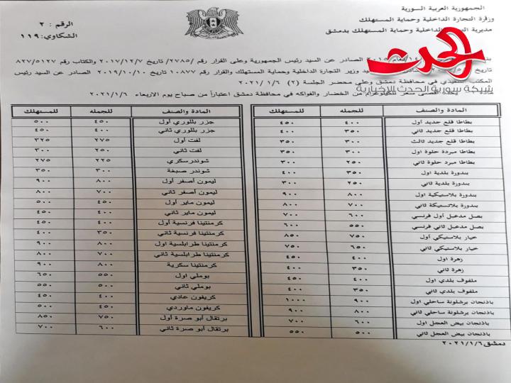 اسعار الخضار والفواكه في دمشق اليوم
