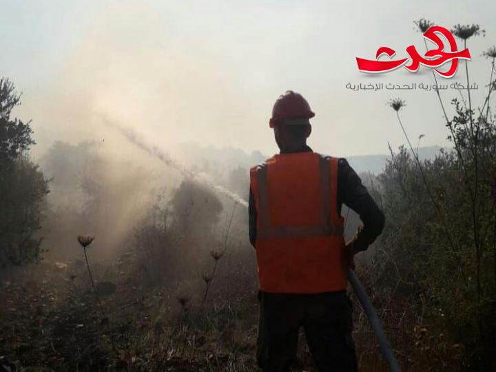 إخماد حريق بأشجار مثمرة في وادي قيسوس على الحدود الإدارية بين حمص وطرطوس.