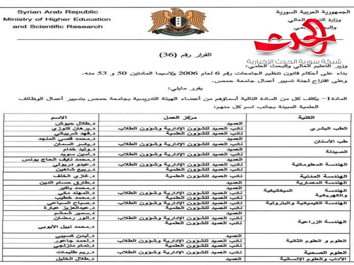 تغييرات تطول عمداء  ١٨ كلية في جامعة حمص