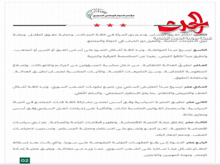 البيان الختامي لمؤتمر الحوار الوطني السوري 
