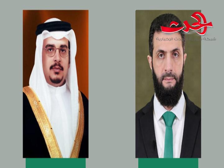 الرئيس الشرع يتلقى برقية تهنئة من ولي عهد البحرين بمناسبة عيد الفطر المبارك