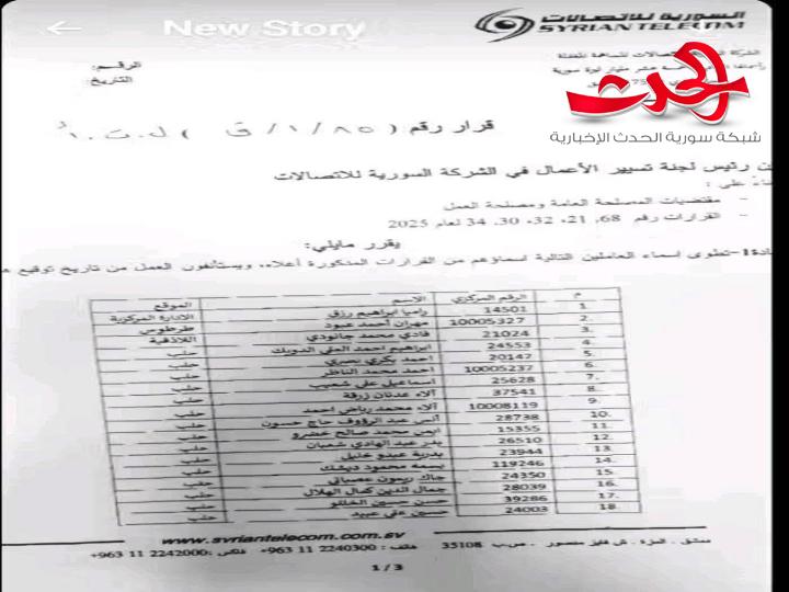 إعادة 68 موظفاً في اتصالات حلب