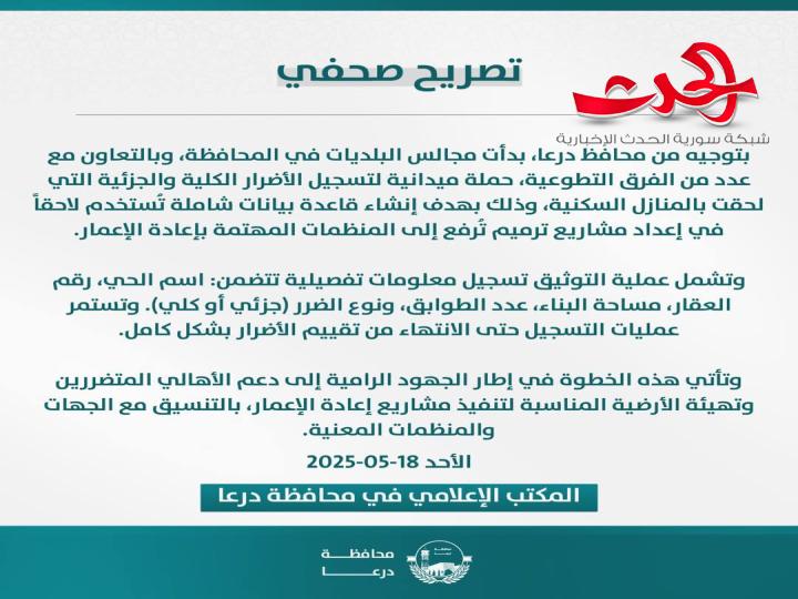 "محافظة درعا": تطلق حملة لحصر أضرار المنازل السكنية زمن النظام البائد