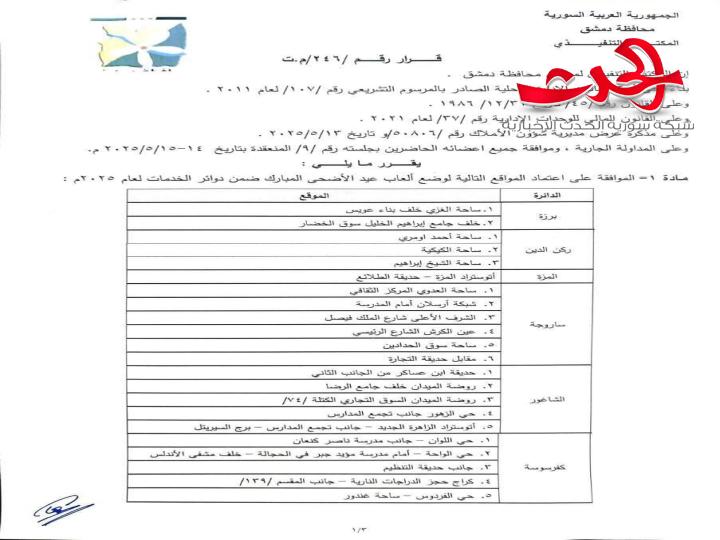 "محافظة دمشق": تمنح تراخيص مؤقتة لألعاب الأطفال .. مع تحديد أماكن تموضعها خلال فترة العيد