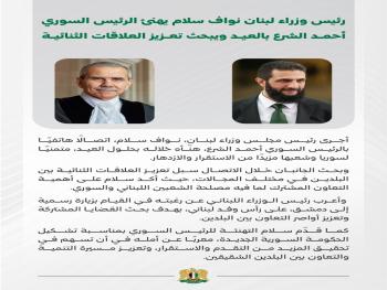 الرئيس الشرع يتلقى تهنئة من رئيس وزراء لبنان بمناسبة عيد الفطر 